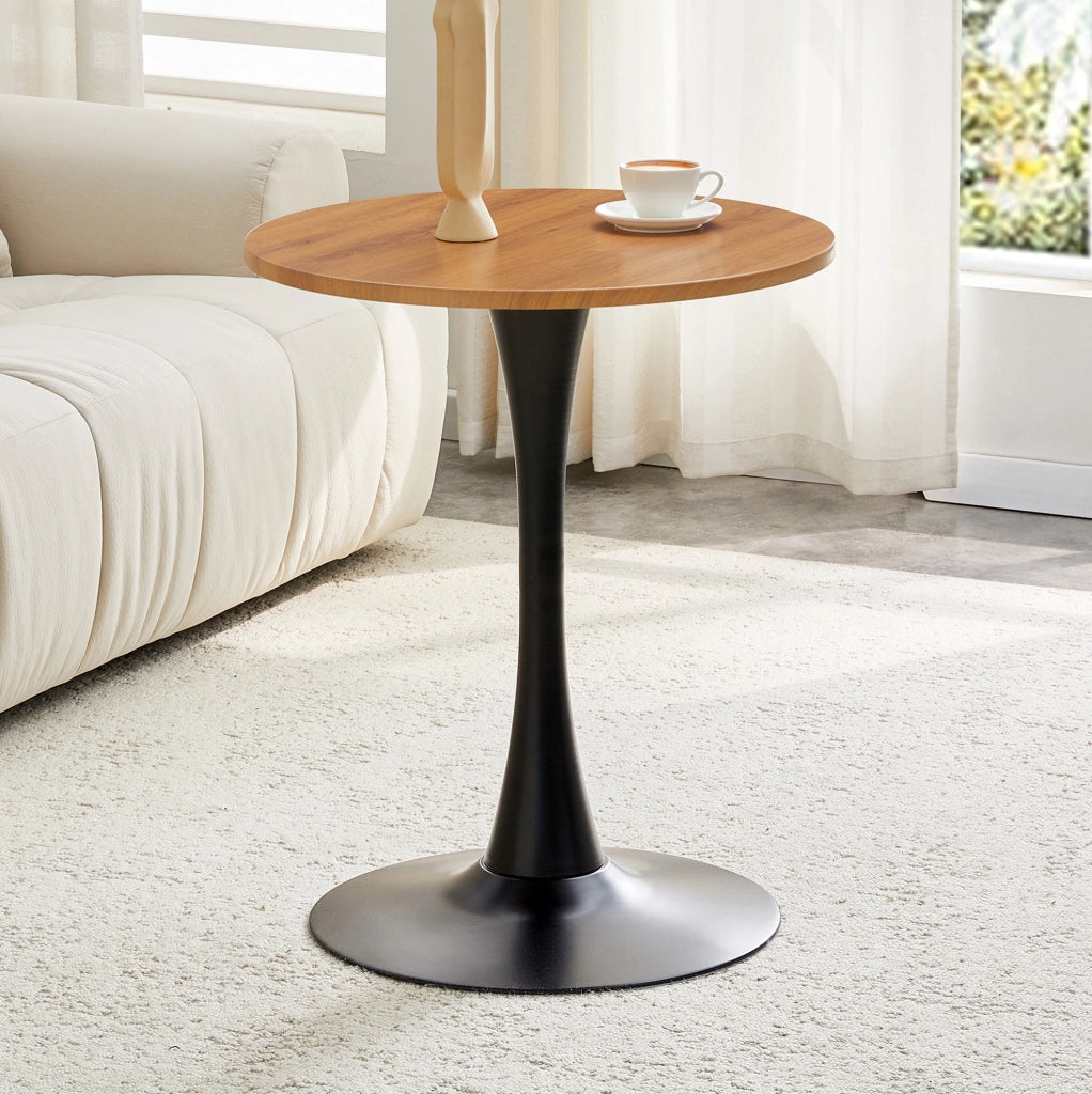 Tavolino tondo MDF 60 cm con piano termoformato effetto legno e base nera
