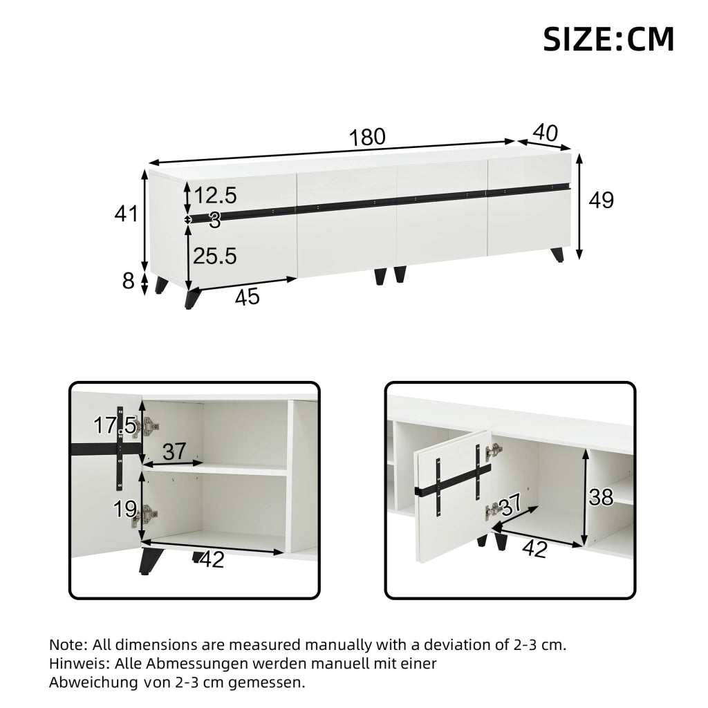 Mobile TV 180x40x49 cm con 4 ante e ripiani regolabili in MDF; bianco con linee nere