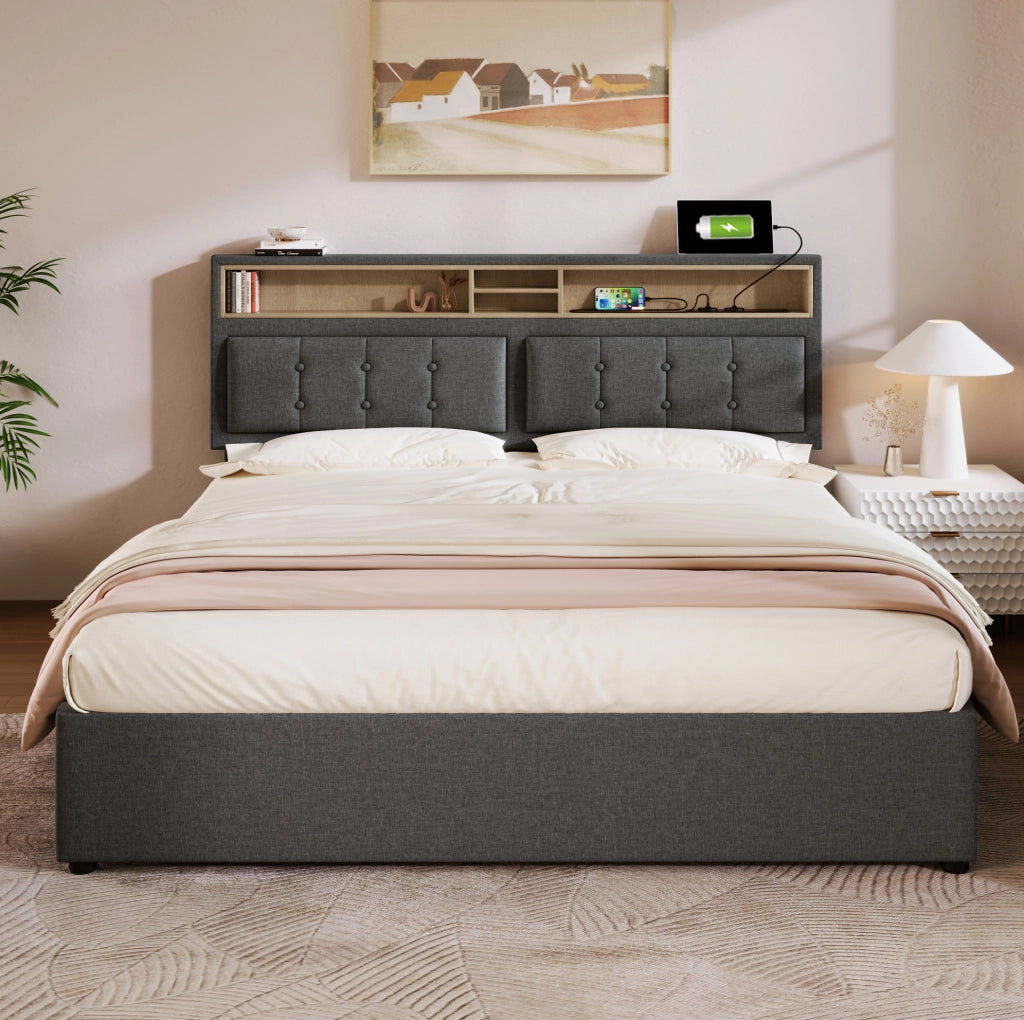 Letto imbottito 140x200 con testiera regolabile, USB e contenitore
