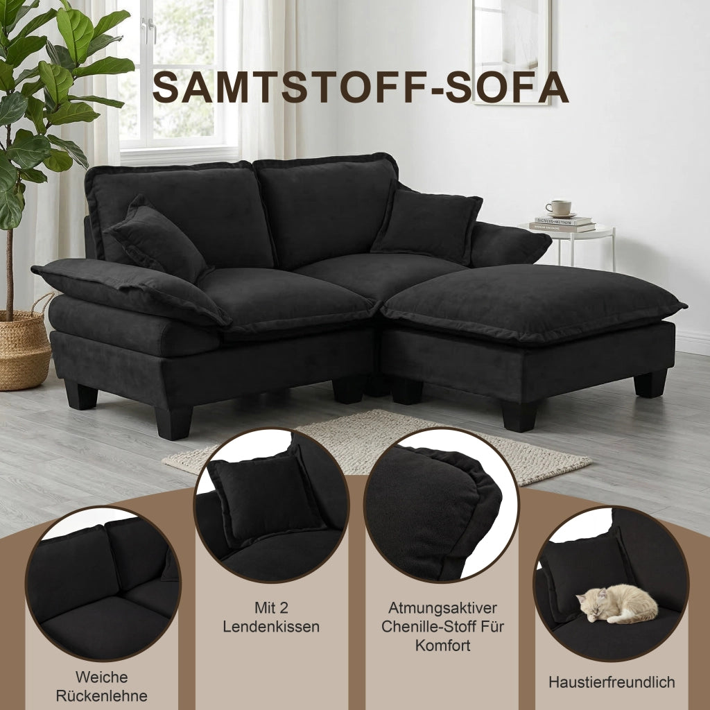 Divano a 2 posti in ciniglia nero con braccioli rimovibili e struttura in legno 194 × 82 × 90 cm