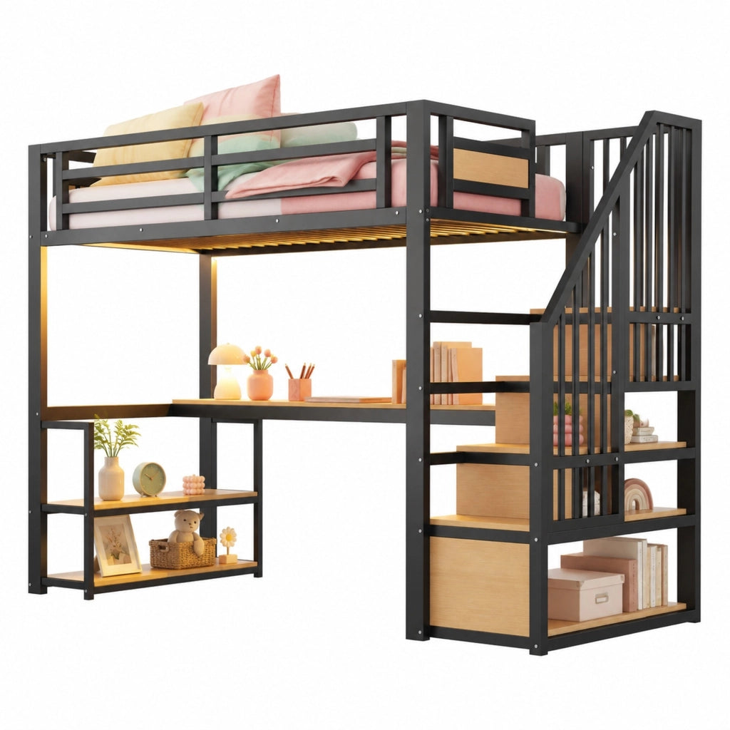 Letto a soppalco 90 × 200 cm con scrivania scaffali scala contenitore metallo e MDF nero con parapetto
