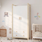 Armadio a 2 ante con appendiabiti e 2 cassetti per camera da letto bianco e legno 90 × 45 × 180 cm