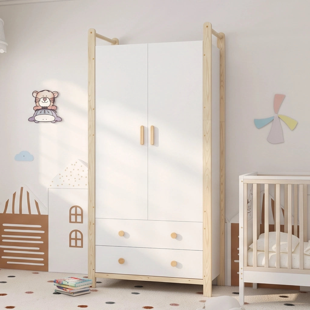 Armadio a 2 ante con appendiabiti e 2 cassetti per camera da letto bianco e legno 90 × 45 × 180 cm