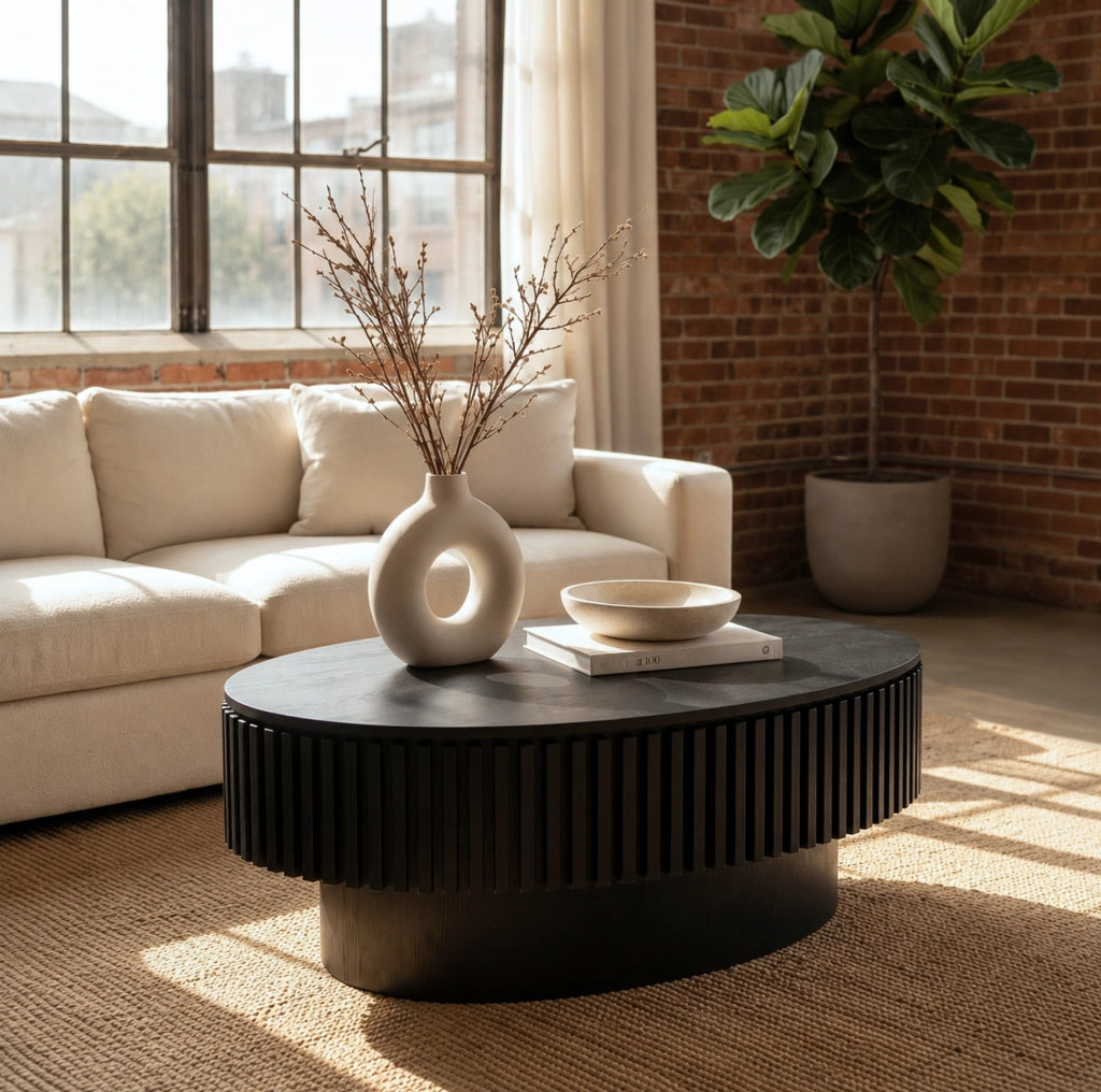 Tavolino da Caffè Ovale 98 cm con Ripiano Nascosto, Rivestimento in Legno Massello, Design Fluted Nero Opaco