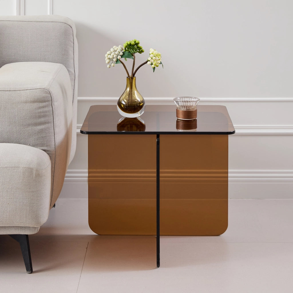 Tavolino laterale curvato in vetro temperato marrone per divano e esterni impermeabile 45 × 45 × 51 cm