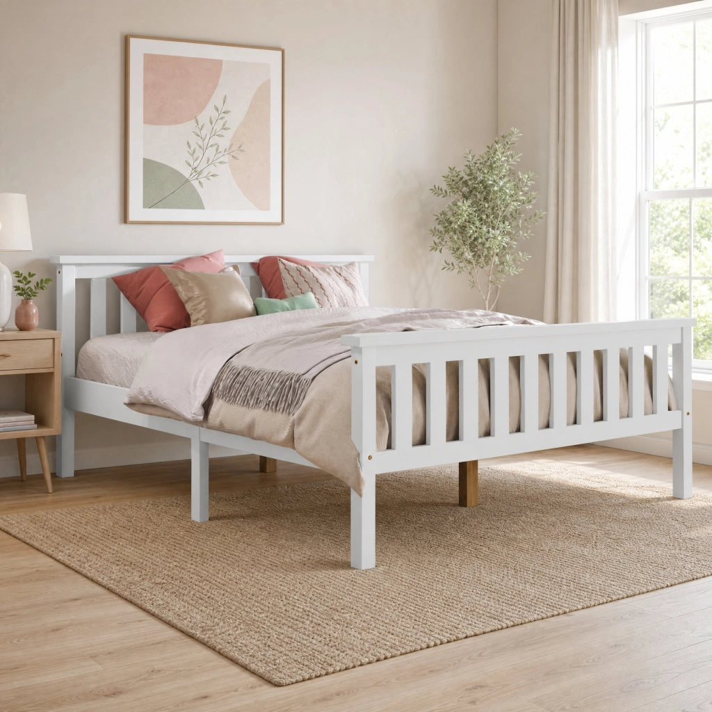 Letto matrimoniale 140 × 200 cm con rete a doghe in legno di pino bianco e supporti centrali