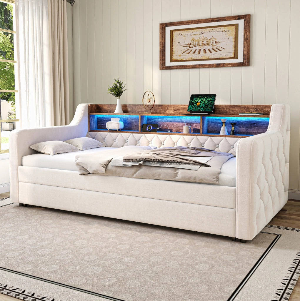 Divano letto estraibile 90x190 cm in velluto beige con LED; USB-C e vano portaoggetti