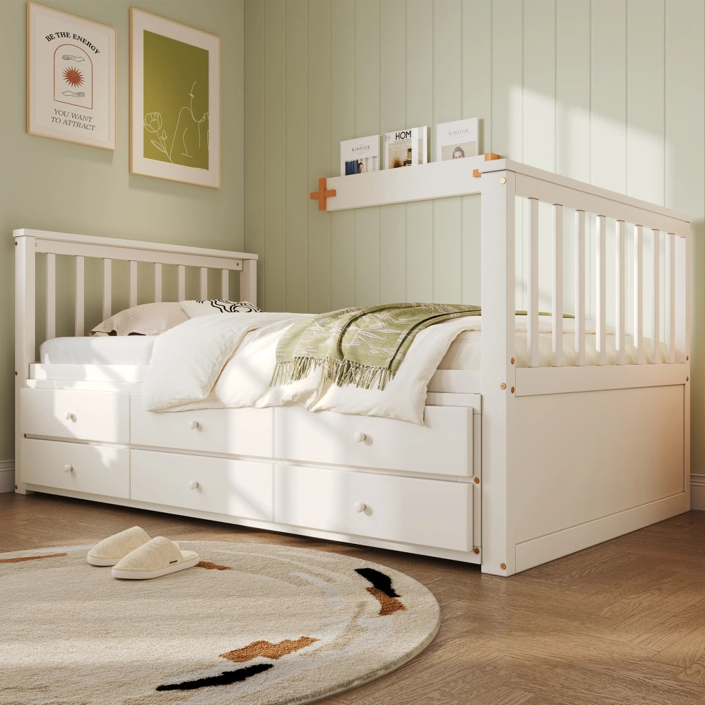 Letto singolo 90x200 con letto estraibile; ripiani LED dimmerabile e USB; pino e MDF bianco