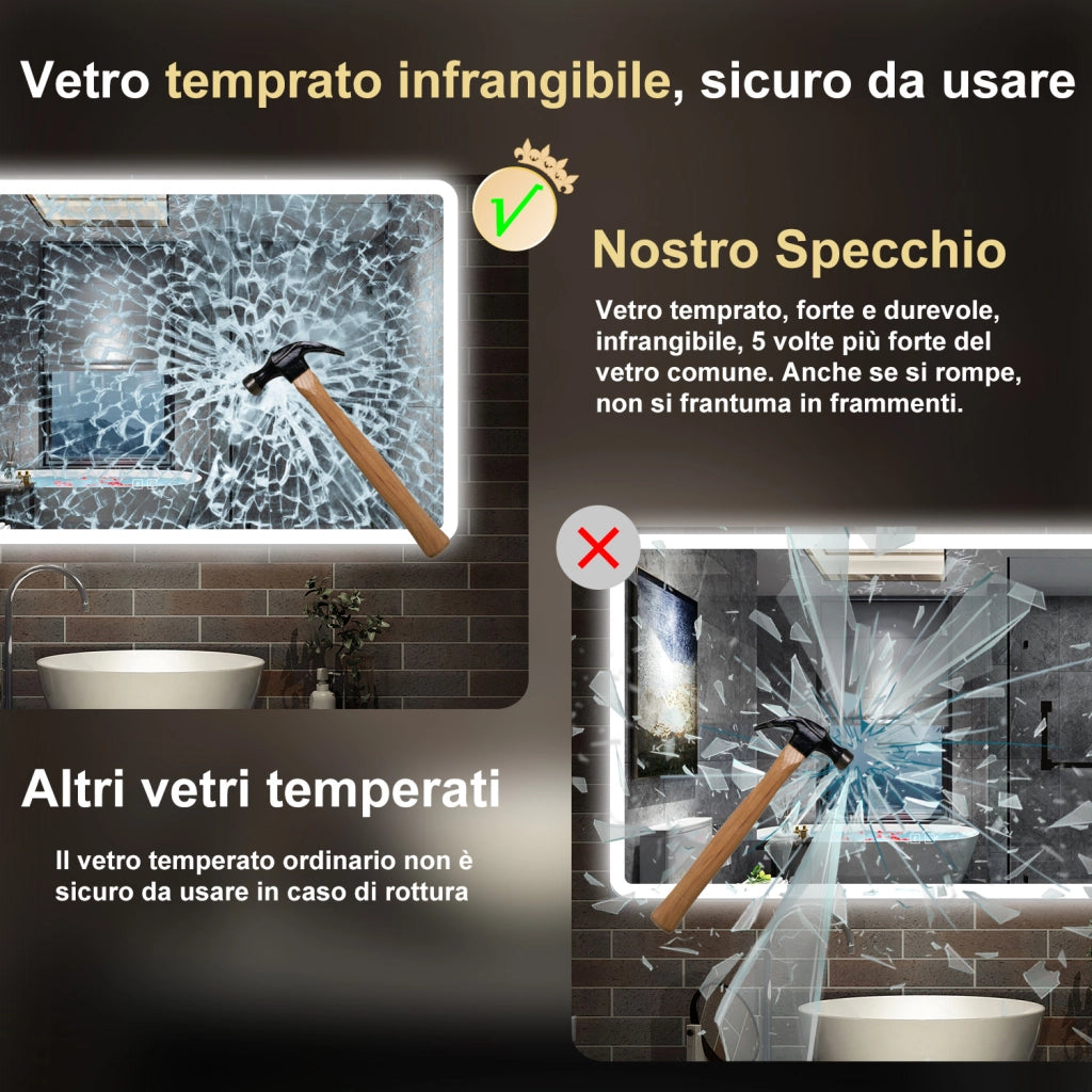 specchio rettangolare 100 x 60 cm con luce led a 3 colori, antiappannamento e touch, bluetooth