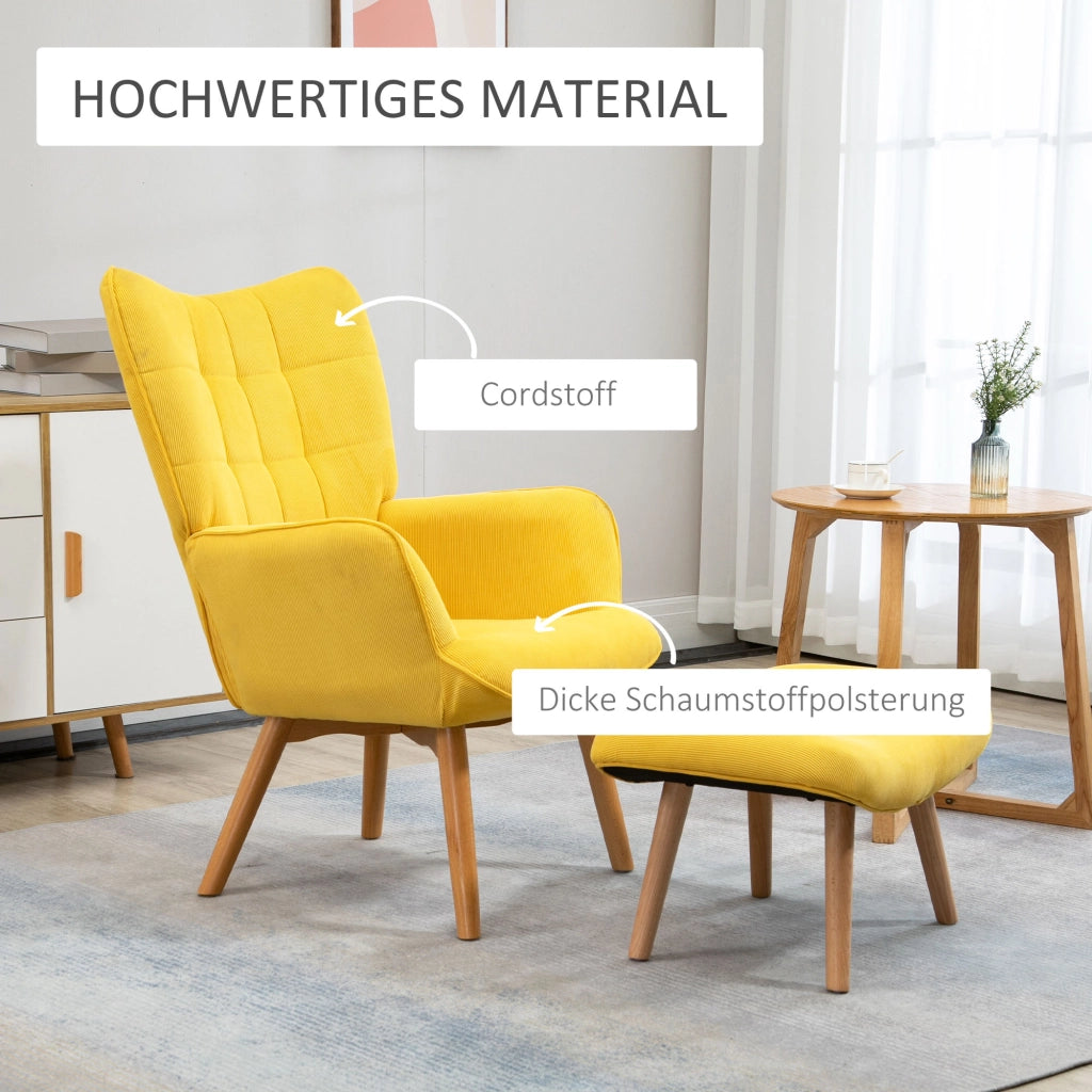 Poltrona Relax con Poggiapiedi in Tessuto e Gambe in Legno ¨C Minimal ¨C Giallo
