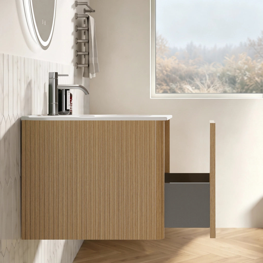 Set Mobile Bagno Sospeso con Specchio LED Rotondo 80 cm, Lavabo Integrato in Pietra Sintetica, Armadietto a Parete con Cassetto, Colore Rovere, 80 cm