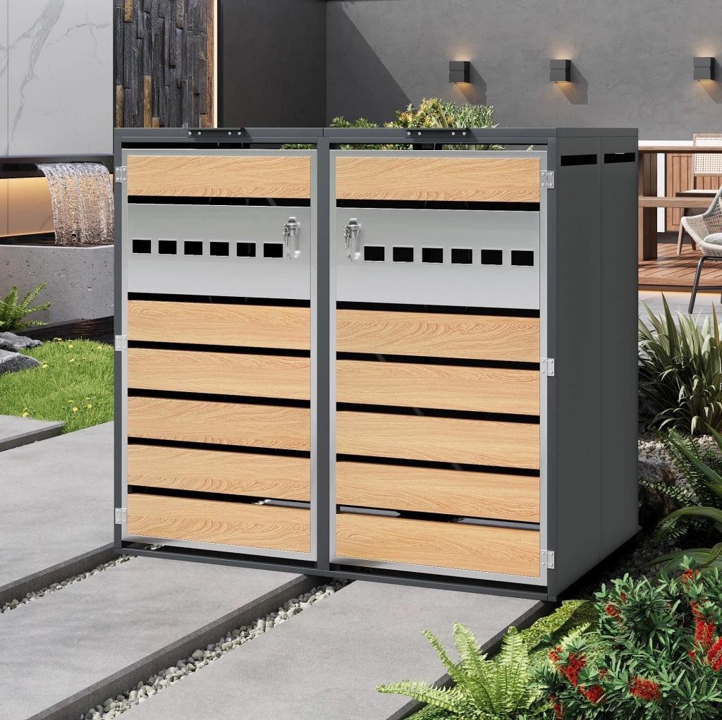 Contenitore per bidoni con coperchio a ribalta idraulico, struttura in acciaio zincato, porte chiudibili a chiave, design elegante con pannelli traforati orizzontalmente