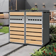 Contenitore per bidoni con coperchio a ribalta idraulico, struttura in acciaio zincato, porte chiudibili a chiave, design elegante con pannelli traforati orizzontalmente