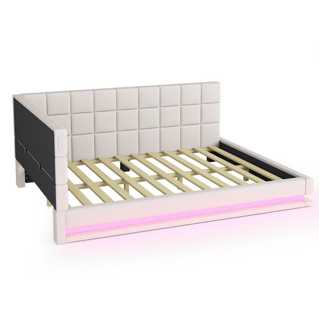 Divano letto imbottito ULEVR 140x200 cm con LED multicolore, presa USB e rete a doghe, rivestimento in lino beige
