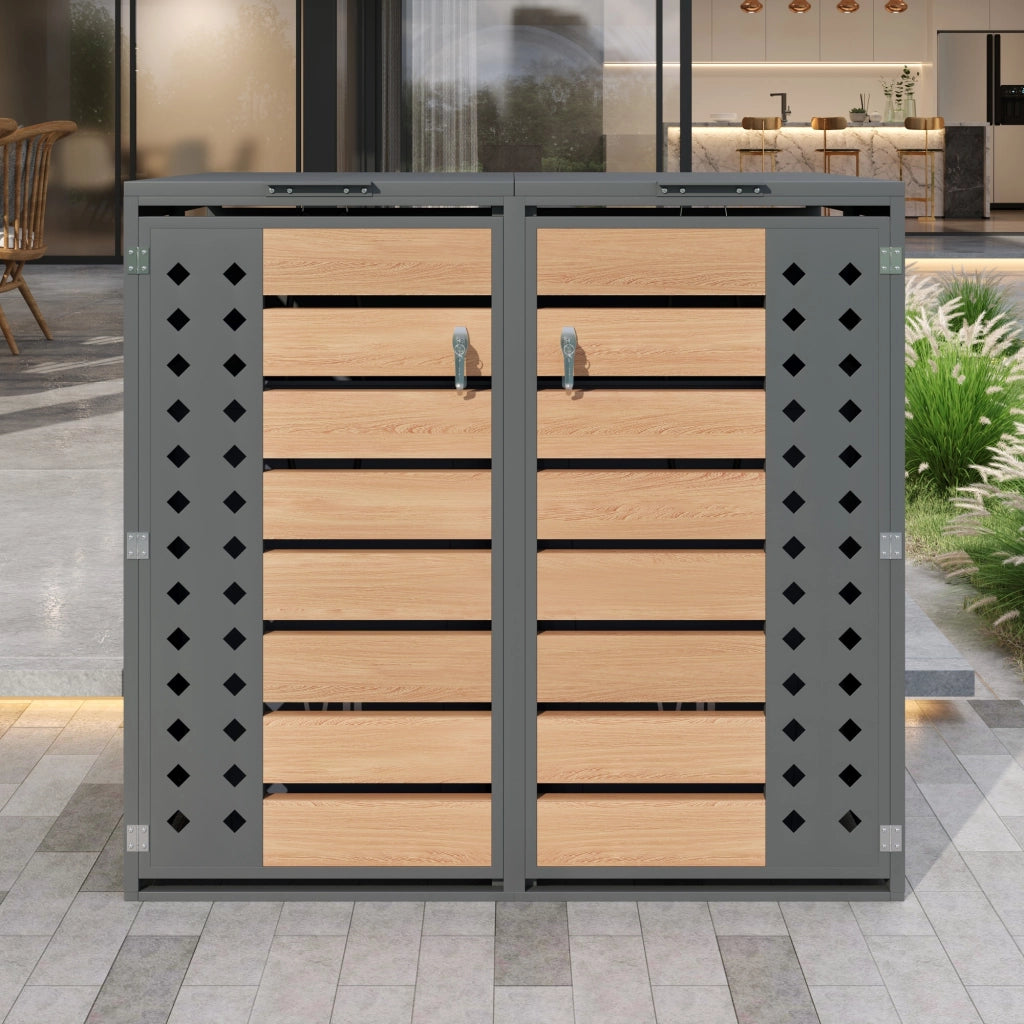 Copri bidoni a 2 scomparti con coperchio idraulico in acciaio zincato grigio effetto legno 132 × 80 × 118.5 cm