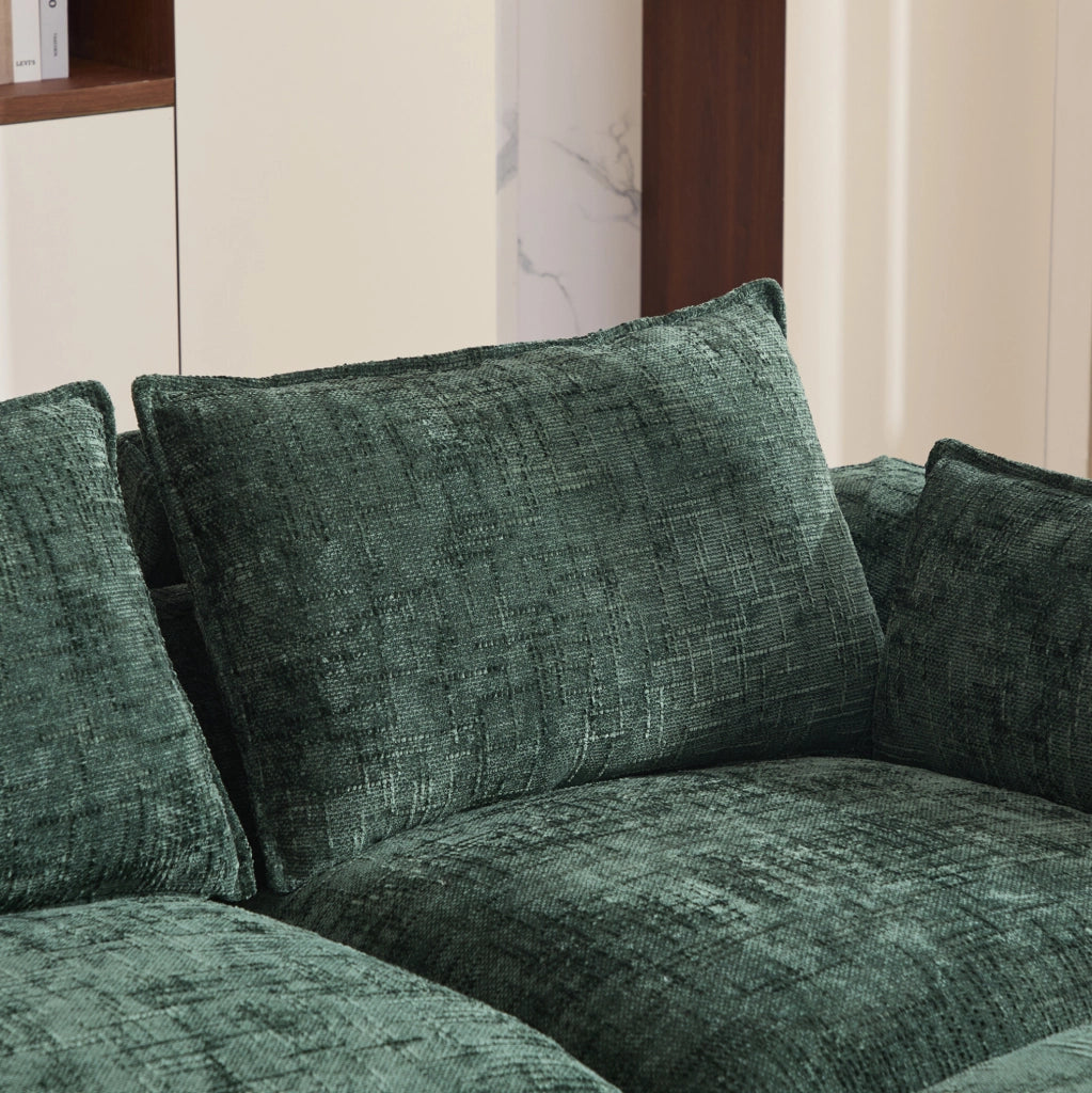 Divano modulare 3 posti in tessuto chenille verde scuro con poggiapiedi, cuscini, portabicchieri e tasche laterali