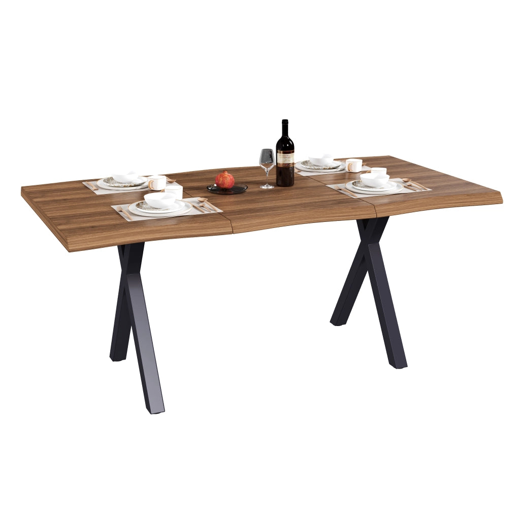 Tavolo da Pranzo 180x78 cm 4-6 Posti LEMONMAX; Piano MDF 28 mm con Bordi Ondulati; Gambe a X in Metallo; Finitura Effetto Noce; Portata 60 kg