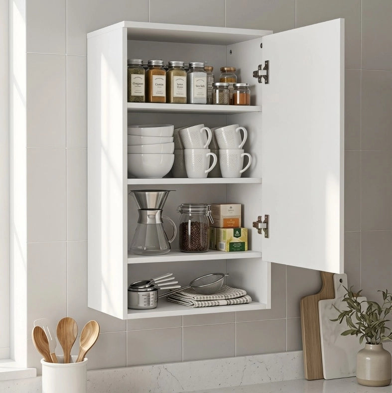 Mobile bagno da parete bianco con 1 anta e ripiani regolabili in MDF
