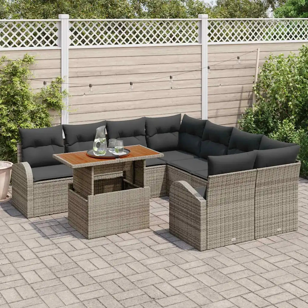 Set Divano da Giardino 9 pcs Grigio Poly Rattan