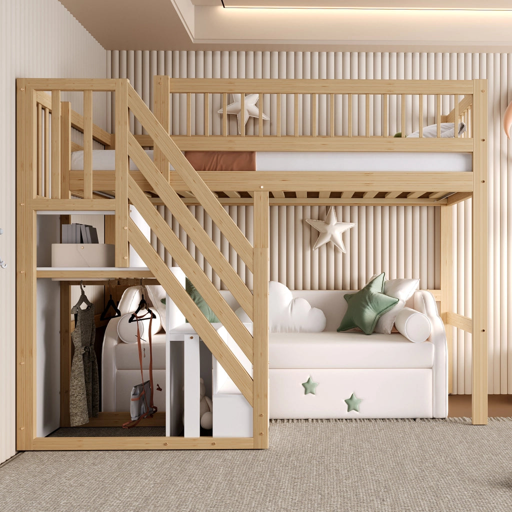 Letto a soppalco 90 × 200 cm con scala contenitore e sponde alte in legno colore naturale
