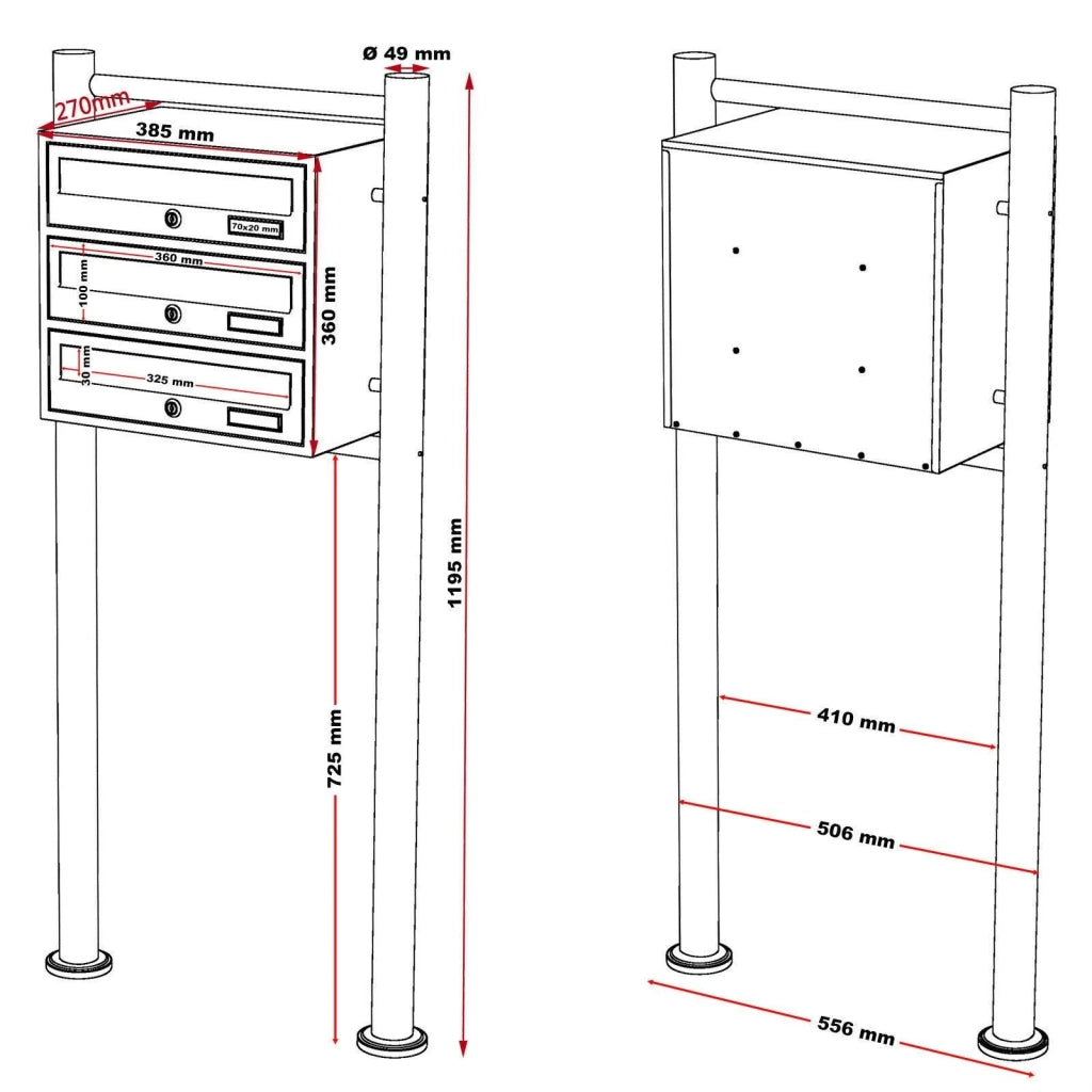 Blocco di 3 cassette postali autoportanti con 3 scomparti sovrapposti acciaio inox 16_0000029