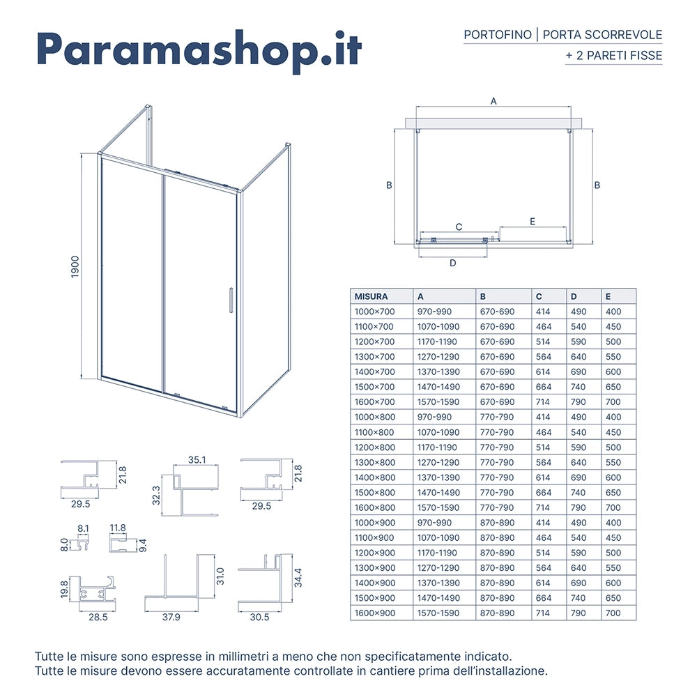 Box doccia tre lati 90x110x90cm con porta scorrevole profili nero opaco e vetro 6mm trasparente h190 | Portofino