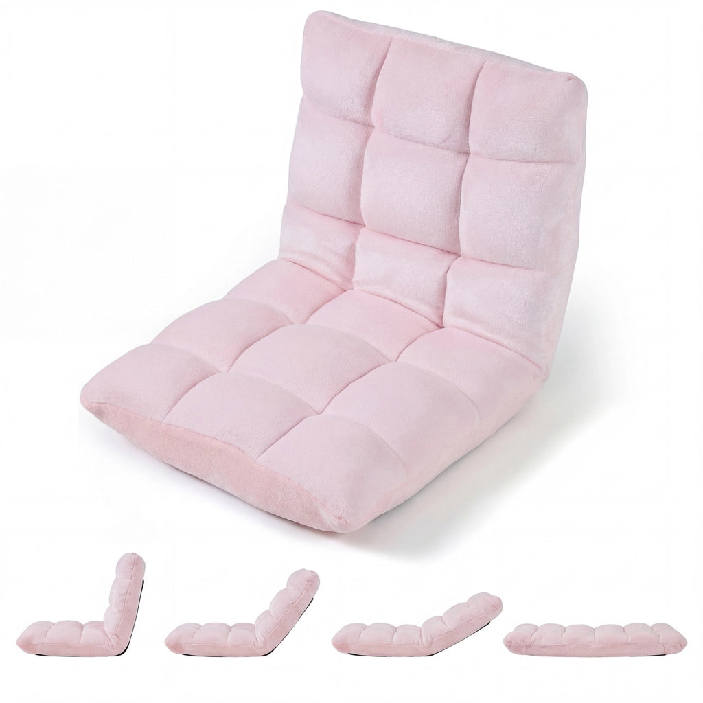 Sedia da pavimento cuscino imbottito da terra con schienale reclinabile a 14 livelli, Poltrona pieghevole per soggiorno camera da letto Rosa