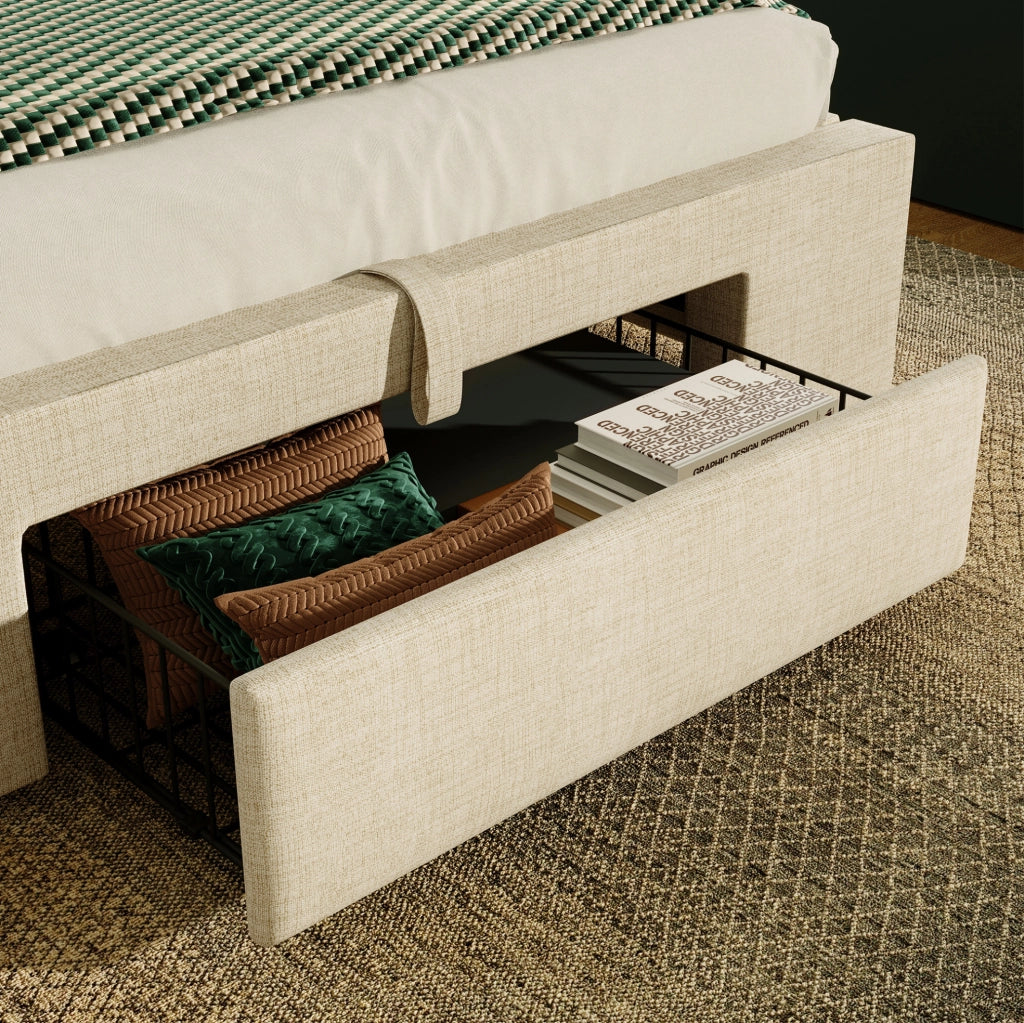 Letto singolo contenitore 90x200 cm in lino beige con LED; USB e USB-C HOMVRA