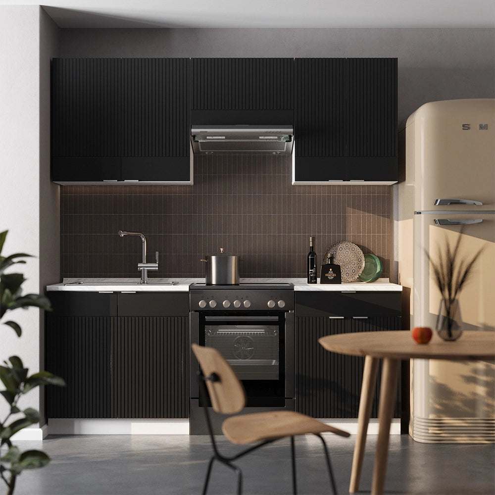 Cucina componibile Fame-Line Nero rigato/Bianco 200 cm, PL Marmo Vicco
