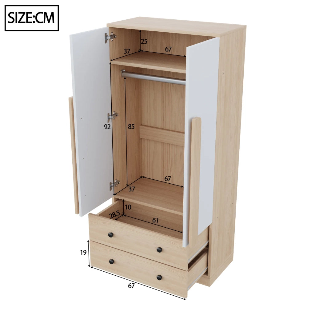 Armadio 70x40x170 cm, design a doppie ante, con cassetti e ripiani, colore legno e bianco