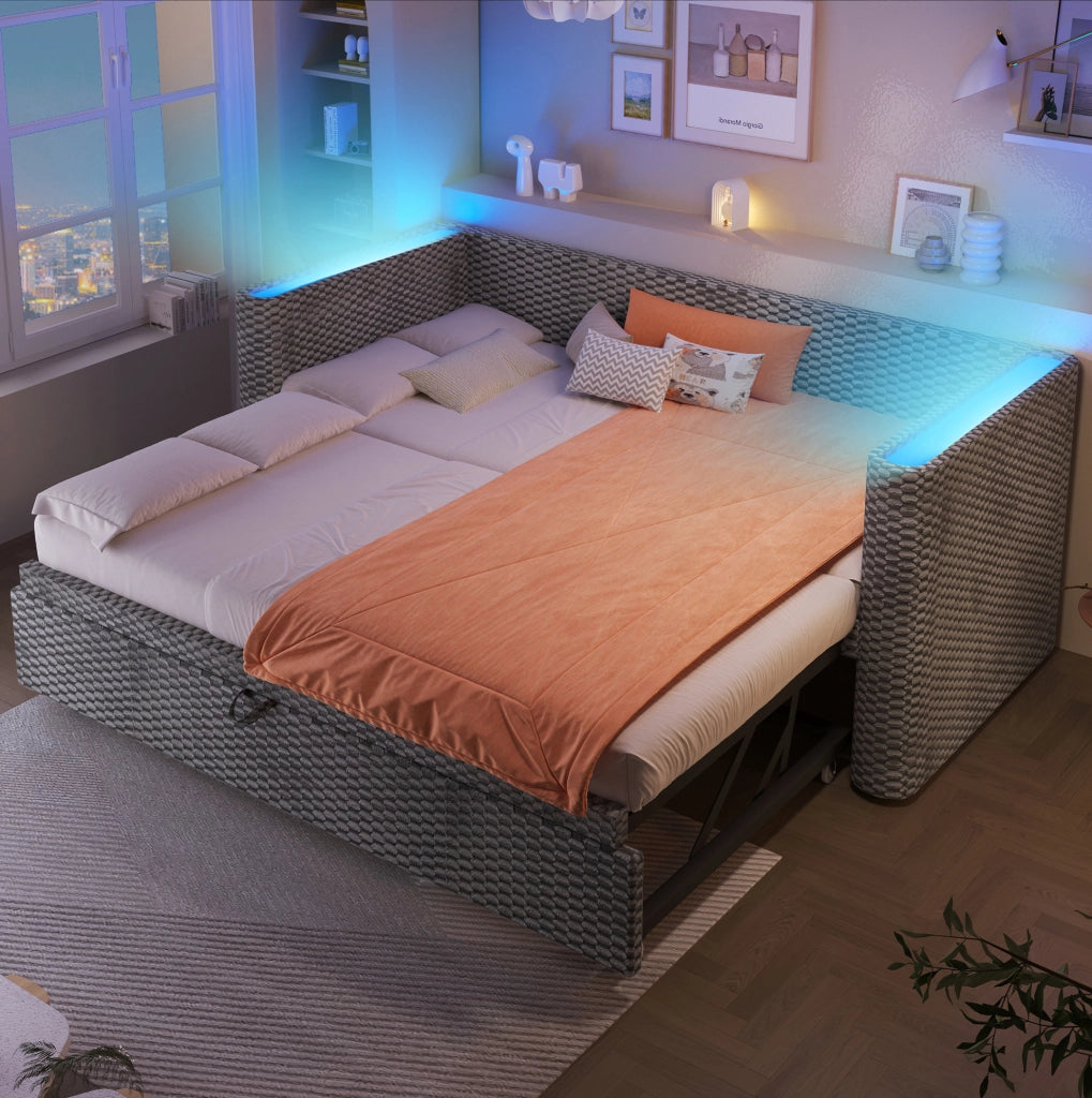 Letto estraibile multifunzione in velluto grigio con LED
