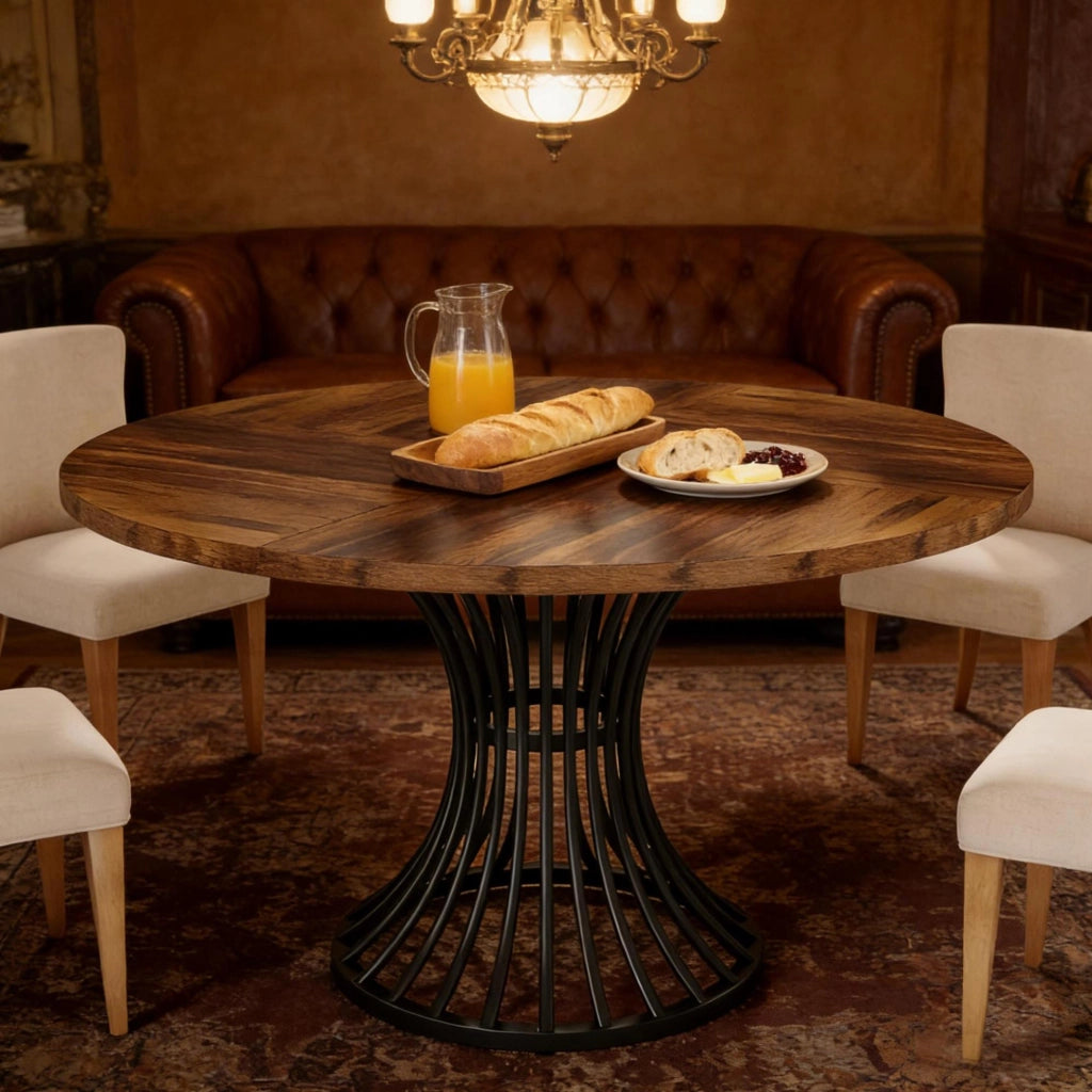 Tavolo da pranzo rotondo 119x119x76 cm MDF nero e marrone rustico per 6 persone