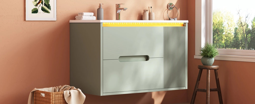 Mobile bagno sospeso 81 cm con lavabo in ceramica, illuminazione LED regolabile e design a onde, colore verde, senza miscelatore