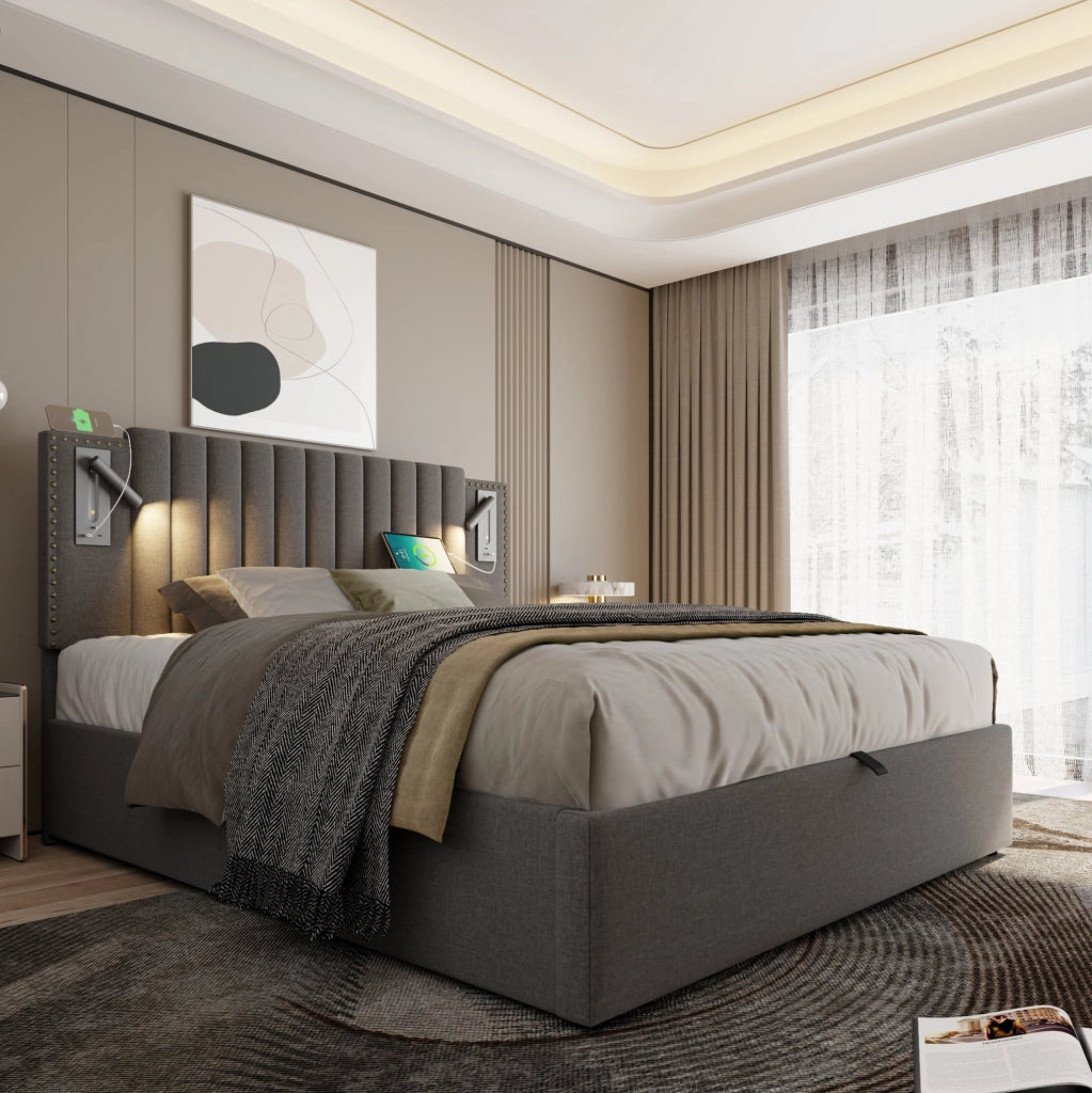 Letto matrimoniale 140x200 cm con contenitore; luce di lettura e USB; cotone grigio
