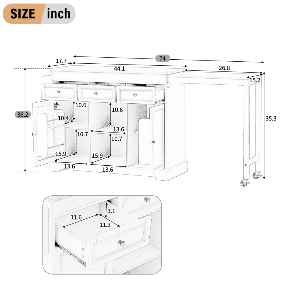 Isola cucina con ruote 188x45x92 cm in MDF grigio con piano estensibile