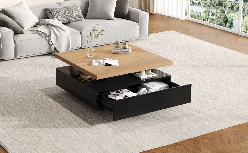 Tavolino da Salotto Quadrato con Piano Girevole a 360 Gradi Noce e Nero 70x70x36 cm