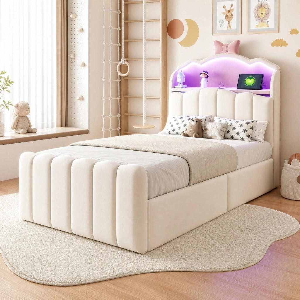 Letto per bambini imbottito 90 × 200 cm con contenitore idraulico testiera LED USB e USB C in velluto beige