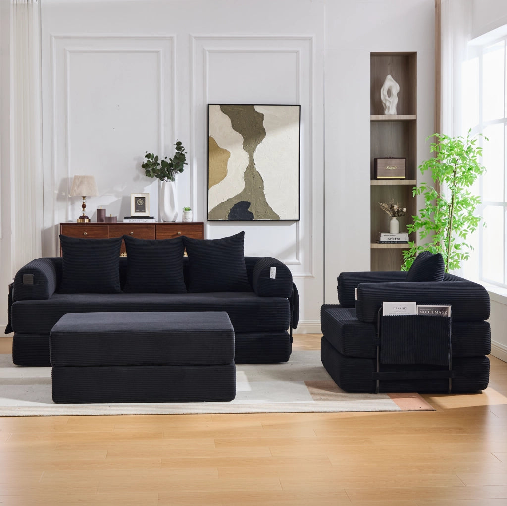 Divano modulare in velluto a coste nero con poltrona e pouf