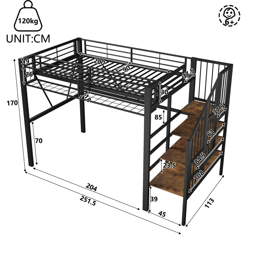 Letto a soppalco 90x200 cm in metallo e MDF, con ripiani a gradini, vano aperto, LED, nero