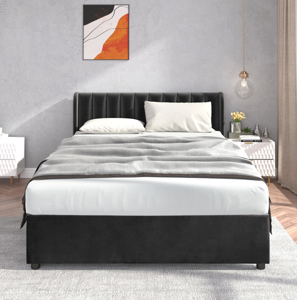 Letto matrimoniale 160x200 cm in velluto nero con testiera; doghe e 2 cassetti
