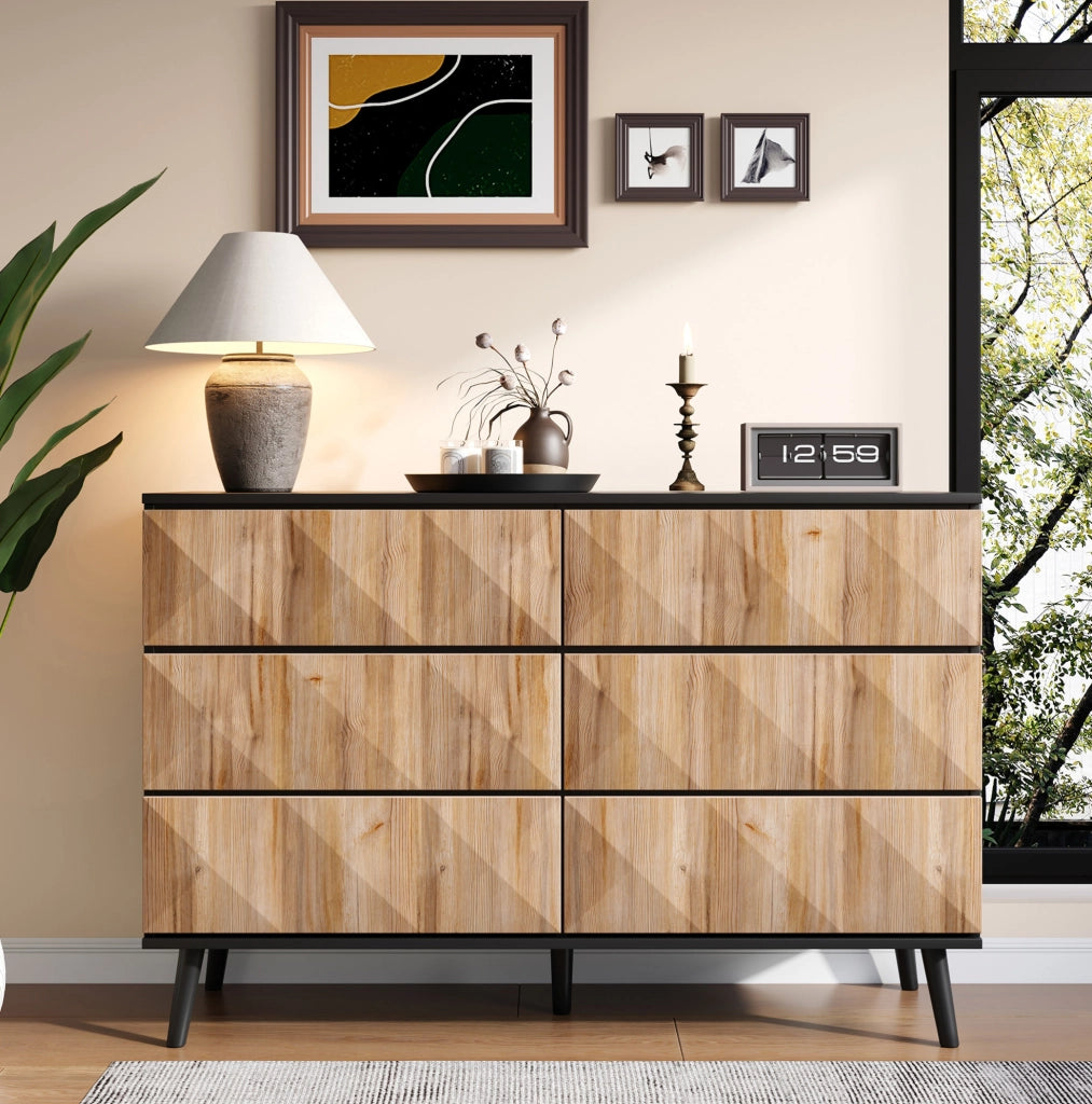 Madia 120 cm con 6 cassetti; finitura nero e legno; gambe nere HOMVRA