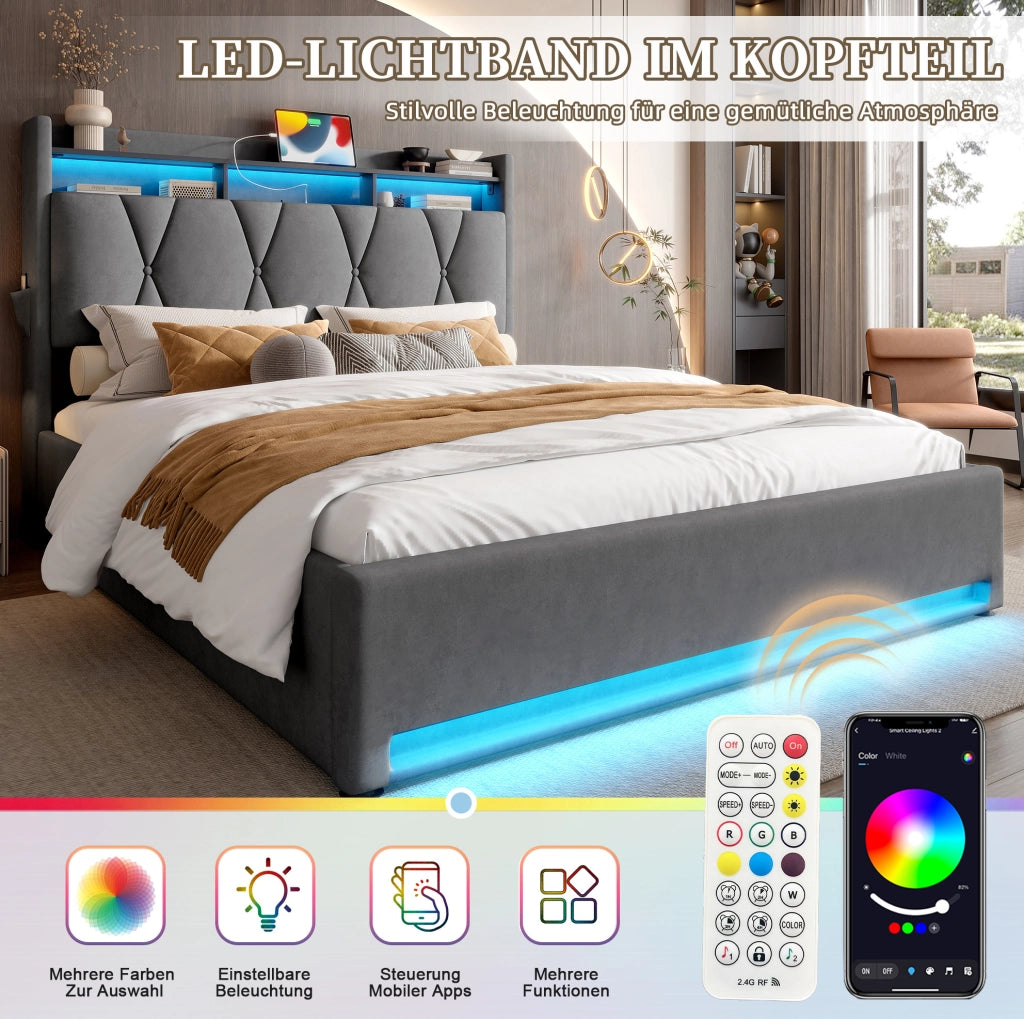 Letto imbottito 140x200 cm con LED, USB-C e vano contenitore