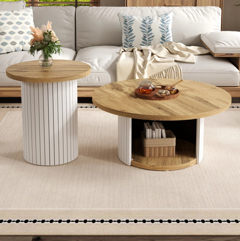 Set di 2 tavolini da caff¨¨ rotondi in MDF naturale con ripiani