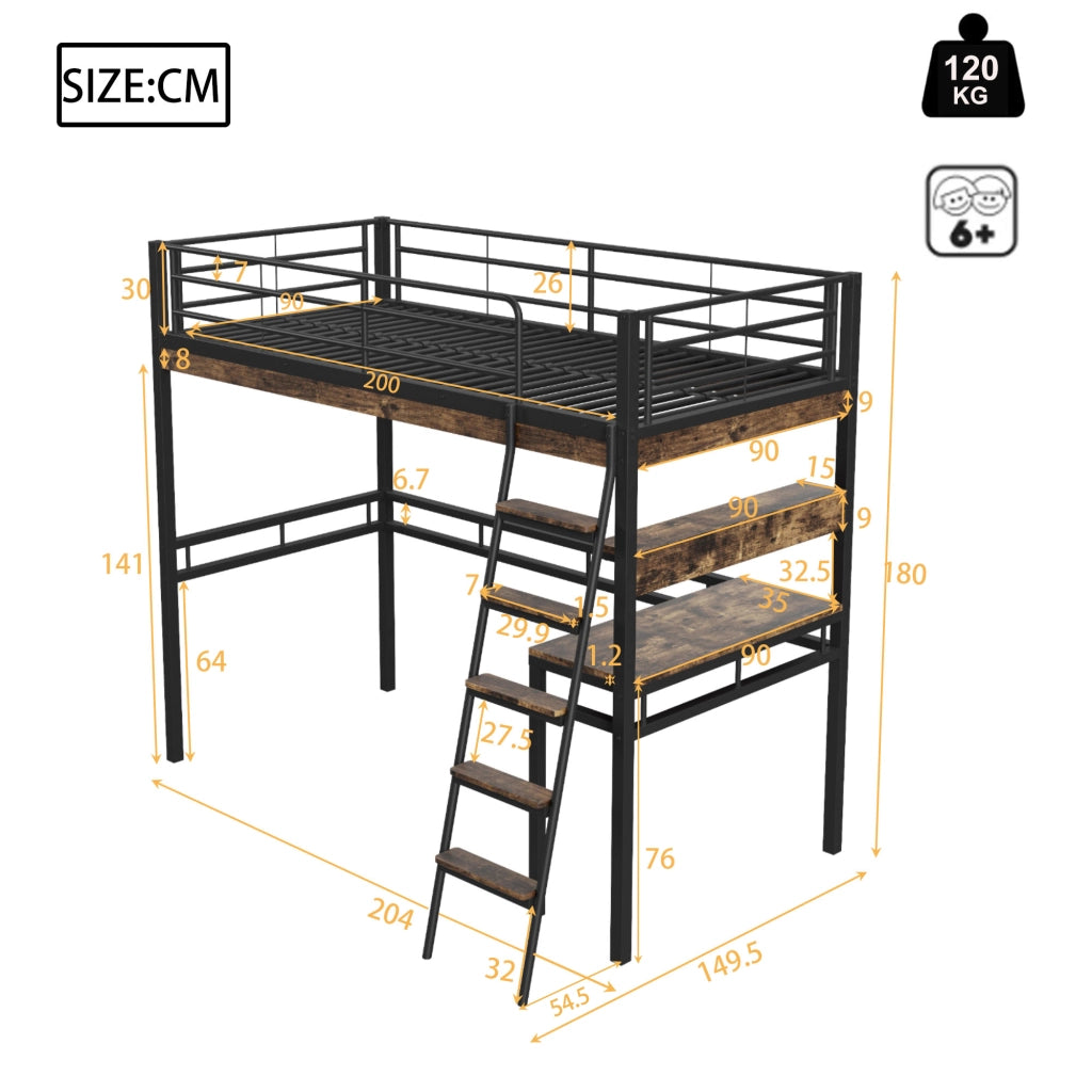 Letto a soppalco 90 × 200 cm con scrivania e scaffali in metallo e MDF nero con scala e sponde