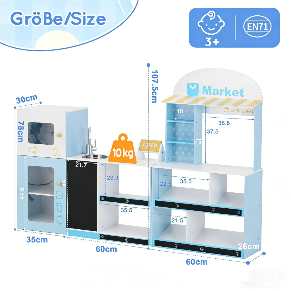 Negozio giocattolo per bambini multifunzione con scaffali frigorifero lavagna scrivibile e rubinetto in MDF blu
