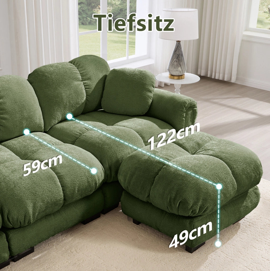 Divano angolare modulare 2 posti in chenille verde con pouf mobile e cuscini spessi