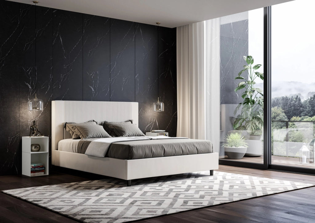 BS COM Letto queen size senza rete imbottito 150x190 similpelle bianco