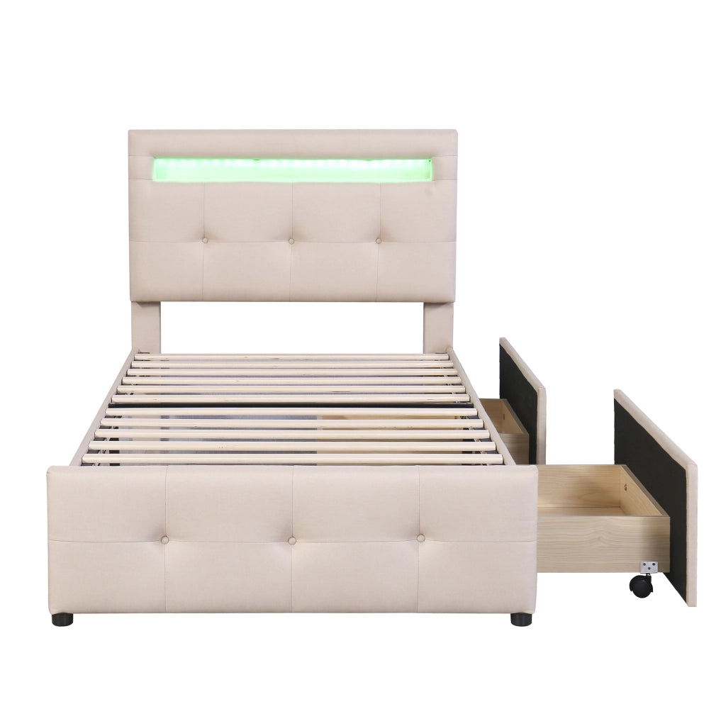 Letto singolo imbottito con LED; 2 cassetti e rete a doghe; beige