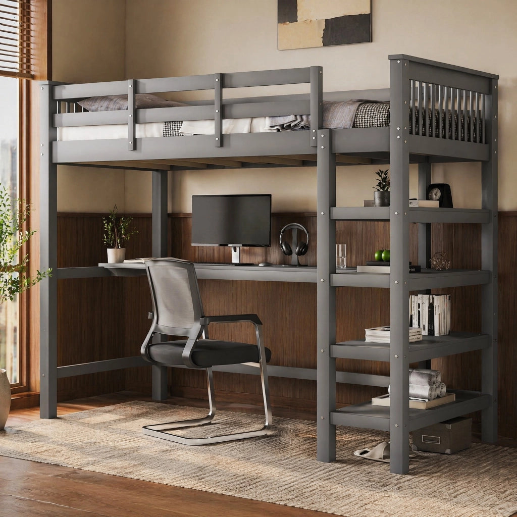 Letto a soppalco 90x200 cm con scrivania e ripiani; grigio
