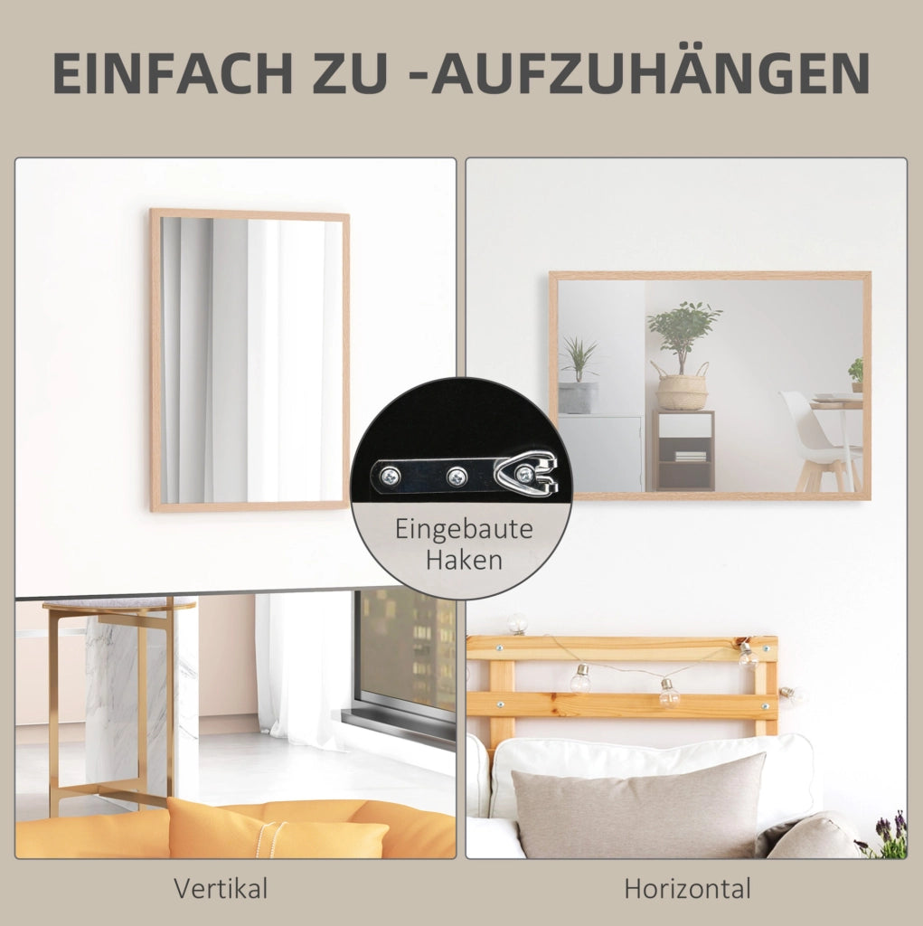 Specchio da parete 50x70 cm con 4 ganci, MDF naturale